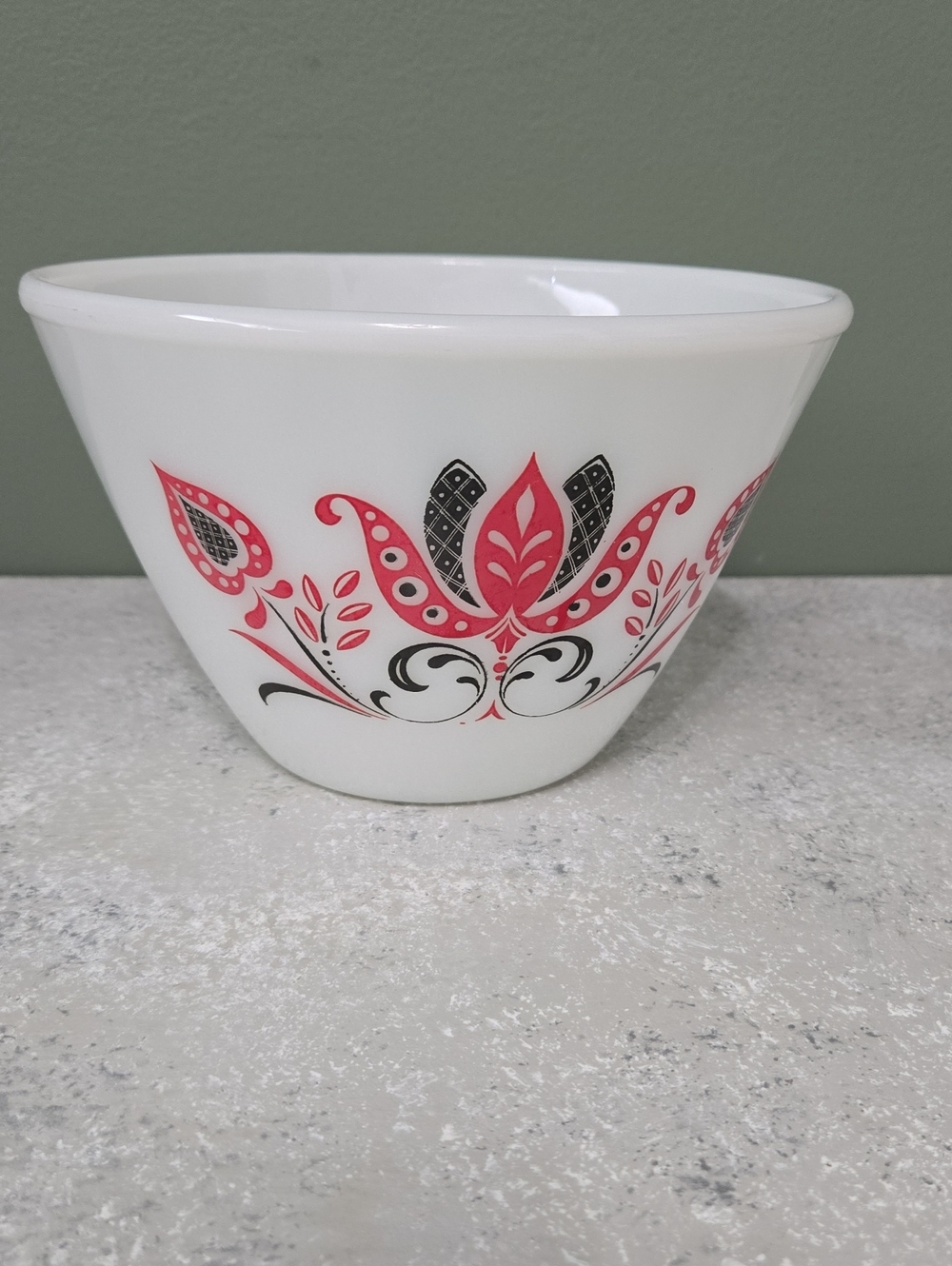 Vintage FireKing White Milk Glass Mixing Bowl with Red & Black Floral Motif